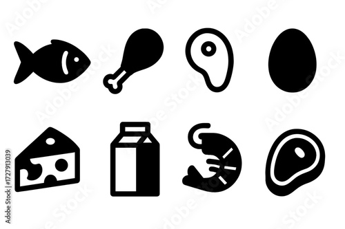 Animal Protein Icons. Solid, filled icon set of animal-based proteins: fish, chicken leg, pork chop, egg, cheese wedge, milk carton, shrimp, beef. [Line icons