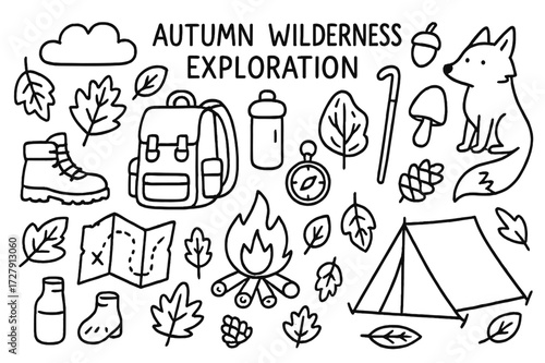 Autumn Adventure Icons. Hand-drawn doodle illustration Autumn wilderness exploration, backpack, hiking boots, map, compass, water bottle, campfire, leaves,