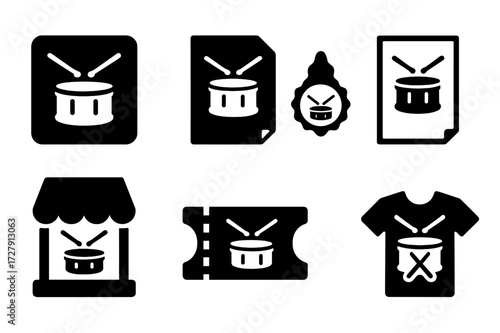 Tom-Tom Icon Grid. Solid, filled icon set of tom-tom commercial and branding: logo design, promotional flyer, brand badge, marketing poster, instrument shop,