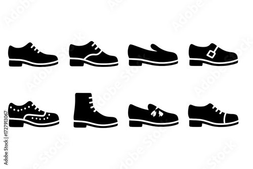 Business Shoe Icons. Solid, filled icon set of business suit footwear: oxford shoes, derby shoes, loafers, monk strap, brogues, dress boots, tassel loafers,