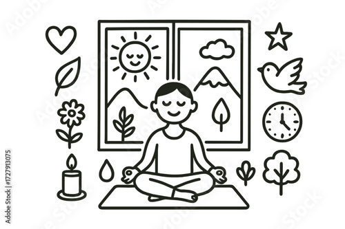 Morning Meditation Doodle. Hand-drawn doodle illustration morning meditation by the window person meditating, yoga mat, sun, window frame, heart, leaf, flower,