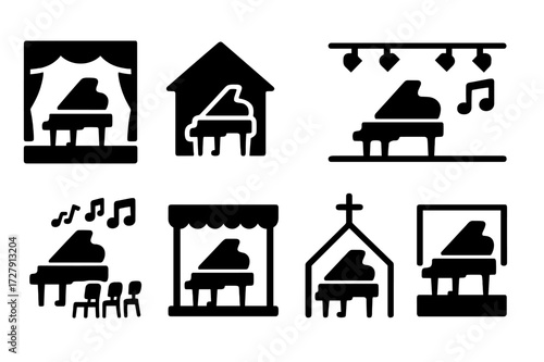 Piano Settings Icons. Solid, filled icon set of piano performance settings: recital hall, home studio, concert stage, jazz club, music classroom, open-air