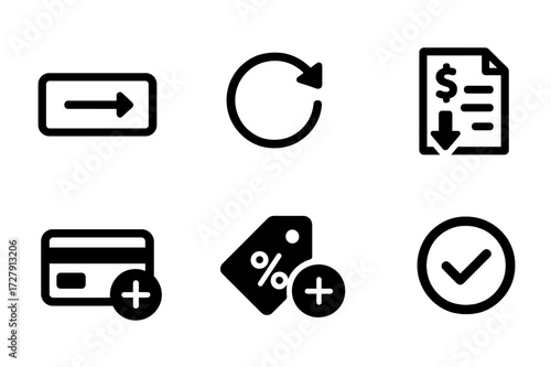 Black Billing Icons. Solid, filled icon set of billing actions: pay now button, refund, invoice download, print receipt, add payment method, discount tag,