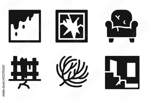 Derelict Property Icons. Solid, filled icon set of derelict property: peeling paint, shattered glass, broken fence, abandoned furniture, cracked foundation,