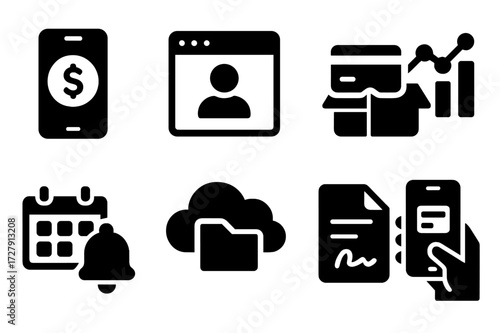 Tech Icon Set. Solid, filled icon set of collections technology: financial app, online portal, payment gateway, data analytics, automated reminders, cloud