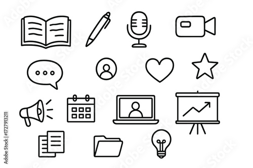 Storytelling Icons Doodle. Hand-drawn doodle illustration Personal brand storytelling [open book, pen, microphone, video camera, speech bubble, profile icon,