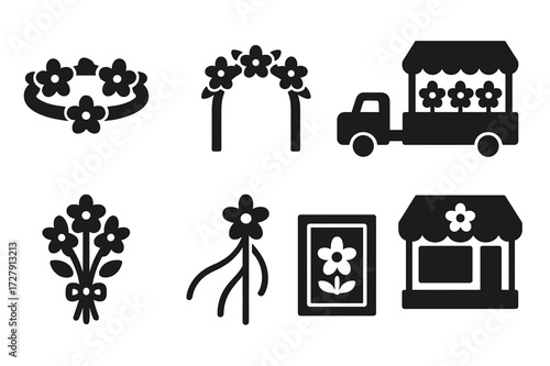 Floral Festival Icons. Solid, filled icon set of flower festivals and celebrations: flower crown, floral arch, parade float, flower market, wedding flowers,