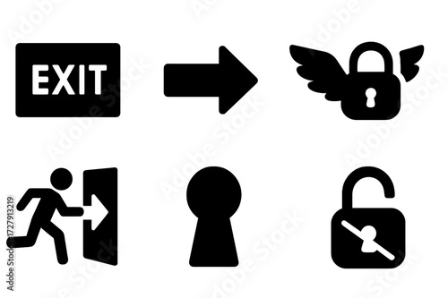 Escape Symbol Icons. Solid, filled icon set of escape symbols: exit sign, arrow, open gate, crossed-out lock, silhouette with wings, fleeing shadow, keyhole,