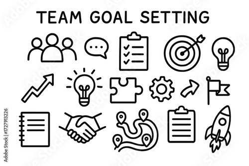 Team Goal Icons. Hand-drawn doodle illustration [Team goal setting] [group icon, checklist, target, lightbulb, puzzle piece, gear, handshake, upward arrow,