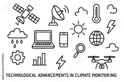 Tech Climate Icons. Hand-drawn doodle illustration Technological advancements in climate monitoring satellite, radar dish, thermometer, cloud, raindrop, sun,