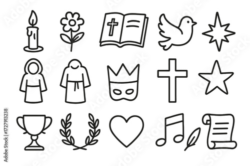 Funeral Ceremony Icons. Hand-drawn doodle illustration funeral ceremony candle, flower, book, dove, robe, crown, mask, cross, star, cup, laurel wreath, heart,
