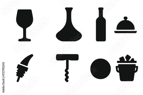 Wine Serving Icons. Solid, filled icon set of wine serving: wine glass, decanter, wine bottle, tray, pourer, corkscrew, coaster, wine bucket. Solid, filled