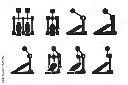 Drum Pedal Icon Grid. Solid, filled icon set of double pedal types: direct drive, chain drive, strap drive, electronic pedal, single chain, double chain,