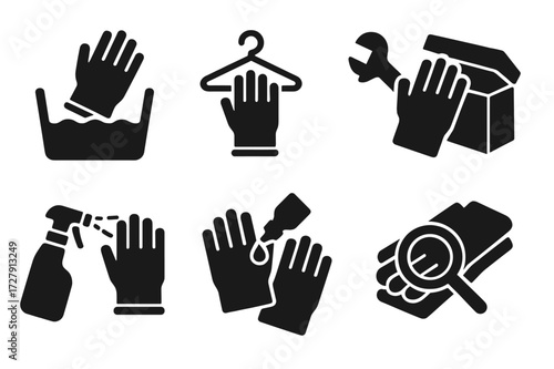 Glove Care Icons. Solid, filled icon set of glove care: washing gloves, drying gloves, repairing gloves, storing gloves, sanitizing gloves, conditioning