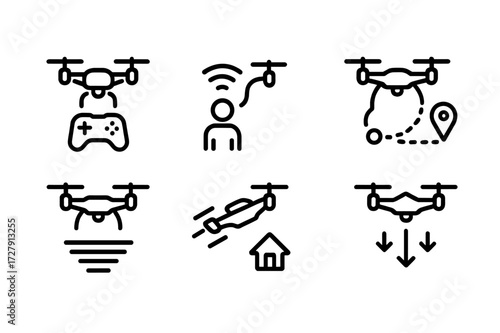 Drone Flight Modes Icons. Outline icon set of command drone flight modes: manual control, follow me, orbit mode, waypoint mission, hover, sport mode, return
