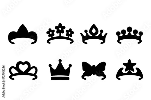 Black Tiara Icons. Solid, filled icon set of tiaras: classic tiara, floral tiara, jeweled tiara, pearl tiara, heart-shaped tiara, crown tiara, butterfly tiara,