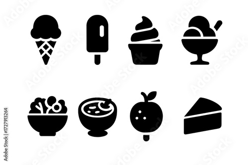 Cooling Food Icons. Solid, filled icon set of cooling food: ice cream, popsicle, frozen yogurt, sorbet, chilled salad, cold soup, frozen fruit, refrigerated