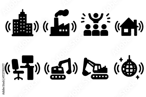 Noise Icons Set. Solid, filled icon set of noise in environments: city, factory, concert, office, home, airport, construction site, nightclub. Solid, filled