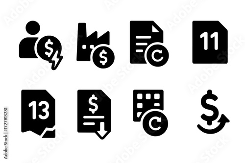 Bankruptcy Icons Grid. Solid, filled icon set of bankruptcy types: personal bankruptcy, corporate bankruptcy, Chapter , Chapter , Chapter , liquidation,