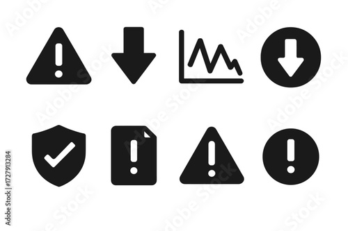 Equity Risk Icons. Solid, filled icon set of equity risk: warning sign, downward arrow, volatility graph, loss symbol, risk assessment, insurance shield, legal