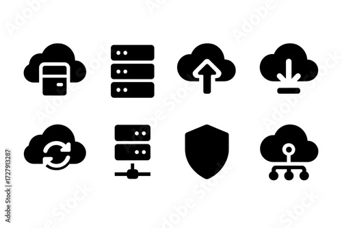 Cloud Platform Icons. Solid, filled icon set of cloud platforms: cloud storage, server, upload arrow, download arrow, sync, data center, shield, network.