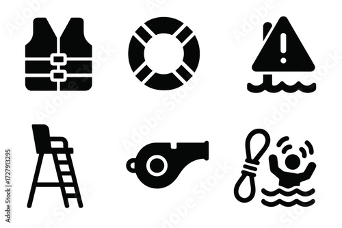 Water Safety Icons. Solid, filled icon set of water safety: life vest, lifebuoy, warning sign, water depth marker, lifeguard chair, emergency whistle, rescue