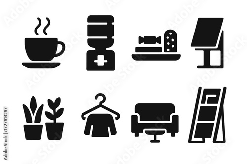 Hospitality Icons Grid. Solid, filled icon set of reception hospitality: coffee cup, water dispenser, snack tray, brochure, magazine rack, plants, coat check,