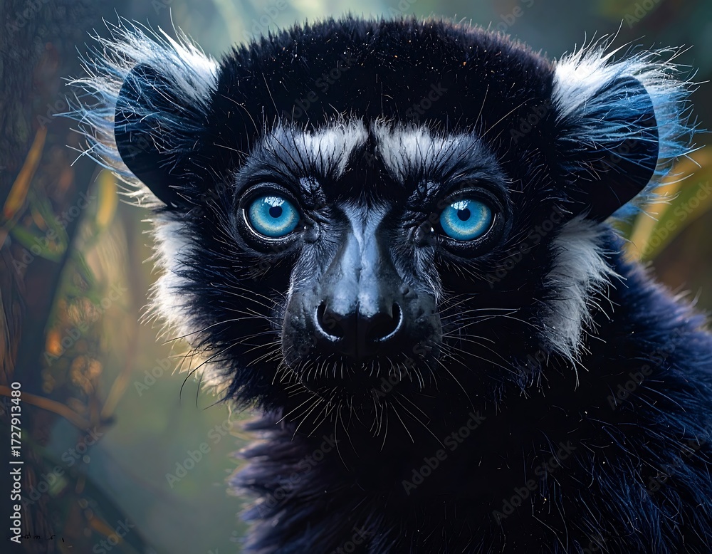 Naklejka premium Close-up portrait of a lemur with striking blue eyes