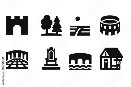 Duel Settings Icons. Solid, filled icon set of duel settings: castle wall, forest clearing, open field, arena, courtyard, throne room, bridge, tavern. Solid,