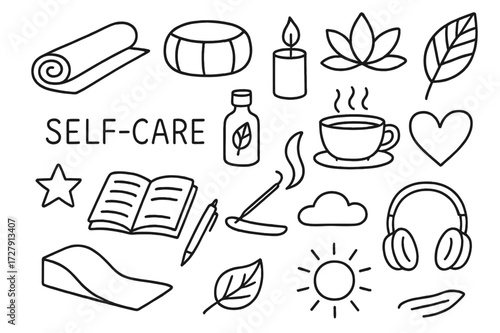 Self-Care Icons. Hand-drawn doodle illustration Self-care and mindfulness practices [yoga mat, meditation cushion, candle, lotus flower, essential oil bottle,