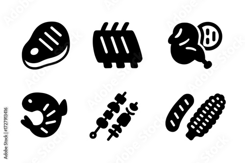 Grilled Dishes Icon Set. Solid, filled icon set of grilled main dishes: grilled steak, BBQ ribs, grilled chicken, grilled vegetables, grilled shrimp, kebabs,