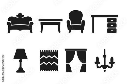 Estate Furniture Icons. Solid, filled icon set of estate furniture: antique sofa, coffee table, armchair, desk, lamp, rug, curtain, chandelier. Solid, filled