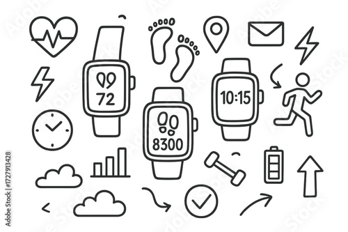 Fitness Tracker Doodle. Hand-drawn doodle illustration Fitness Tracking Smartwatches smartwatches, heart rate icons, steps, footprints, lightning bolts,
