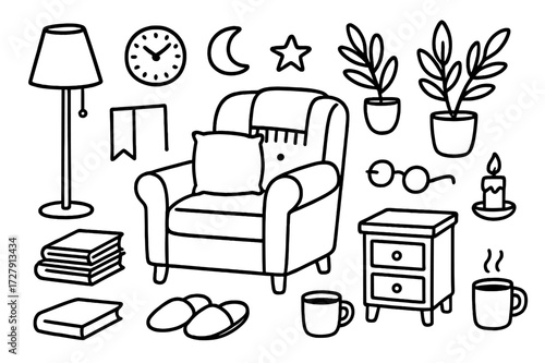 Cozy Night Reading. Hand-drawn doodle illustration cozy night reading armchair, lamp, blanket, stack of books, slippers, cup, pillow, clock, plant, glasses,