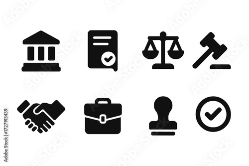 Legal Icon Set. Solid, filled icon set of legal settlement: courthouse, legal document, scales of justice, judge's gavel, contract, handshake, briefcase, stamp