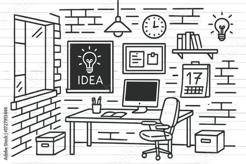 Industrial Loft Workspace. Hand-drawn doodle illustration [creative industrial loft office] [loft desk, chair, file box, chalkboard, brick wall, books,