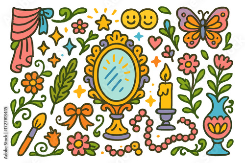Delightful Doodle Medley. Ornate design. Colorful Hand-drawn doodle Children illustration Mirror, frame, candle, flowers, ribbon, jewelry, sparkling stars,