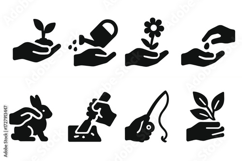 Hands in Nature Icons. Solid, filled icon set of hands in nature: holding plant, watering can, picking flower, planting seed, animal petting, wood carving,