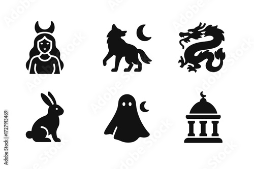 Lunar Myth Icons. Solid, filled icon set of lunar mythology: moon goddess, werewolf, moon rabbit, celestial dragon, night spirit, lunar temple,