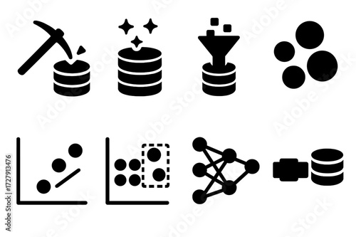 AI Data Icons. Solid, filled icon set of AI data processing: data mining, data cleaning, feature extraction, clustering, classification, regression, neural