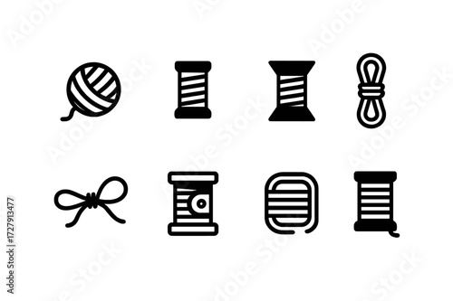 String Types Icons. Solid, filled icon set of string types: cotton string, nylon string, silk thread, hemp rope, elastic cord, fishing line, metallic wire,