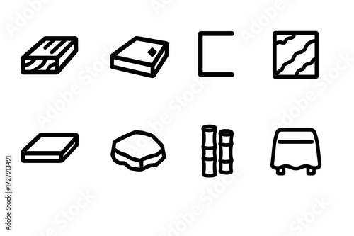Table Material Icons. Solid, filled icon set of table materials: wood plank, glass top, metal frame, marble surface, plastic top, stone slab, bamboo, fabric
