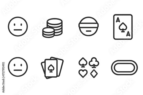 Poker Face Icons. Outline icon set of poker face emotions: neutral smile, poker chip stack, blindfold, ace card, straight face, card fan, card suit symbols,