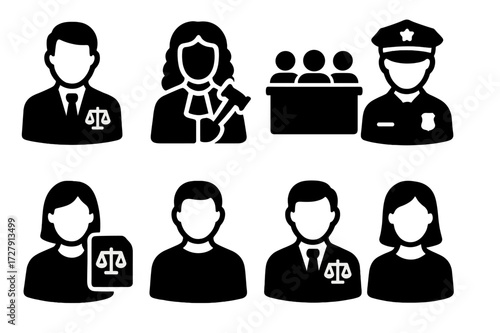 Legal Roles Icons. Solid, filled icon set of legal roles: lawyer, judge, jury, police officer, paralegal, defendant, plaintiff, witness. [Line icons in only