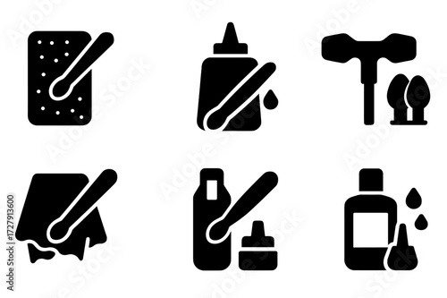 Drumstick Maintenance Icons. Solid, filled icon set of drumsticks maintenance and repair: sandpaper, glue, drumstick key, replacement tips, cleaning cloth,