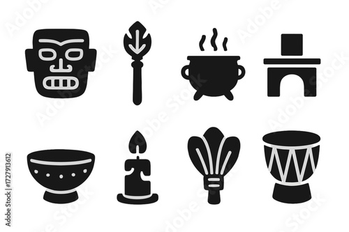 Ceremonial Objects Icons. Solid, filled icon set of ceremonial objects: ceremonial mask, ritual staff, incense burner, altar, sacred bowl, candle, feather fan,