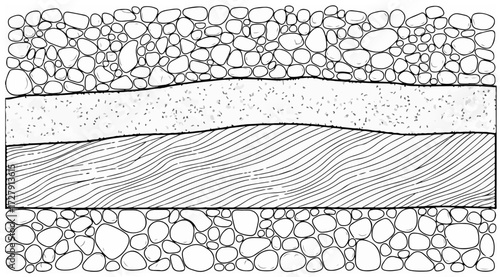 Detailed geologic cross section showcases rock layers, pebbles, and sediment deposits for educational resource or scientific illustration projects