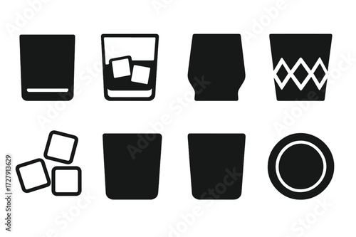 Black Glassware Icons. Solid, filled icon set of lowball glassware: lowball glass, rocks glass, tumbler, whiskey glass, crystal glass, old fashioned glass, ice