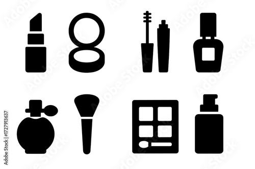 Beauty Products Icons. Solid, filled icon set of beauty products: lipstick, compact powder, mascara, nail polish, perfume bottle, makeup brush, eyeshadow