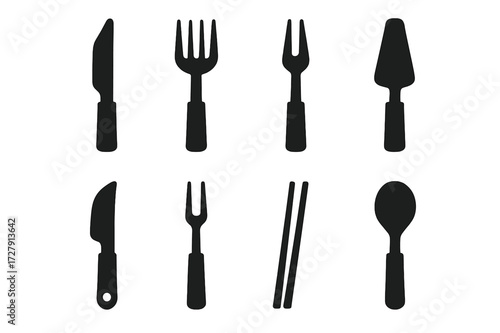 Specialty Cutlery Icons. Solid, filled icon set of specialized cutlery: steak knife, fish fork, oyster fork, cake server, cheese knife, fondue fork,